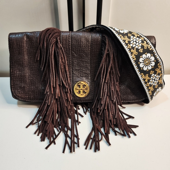 Tory Burch Handbags - Authentic Tory Burch Brown Fringe Clutch w/Removable Adjustable XBody Strap